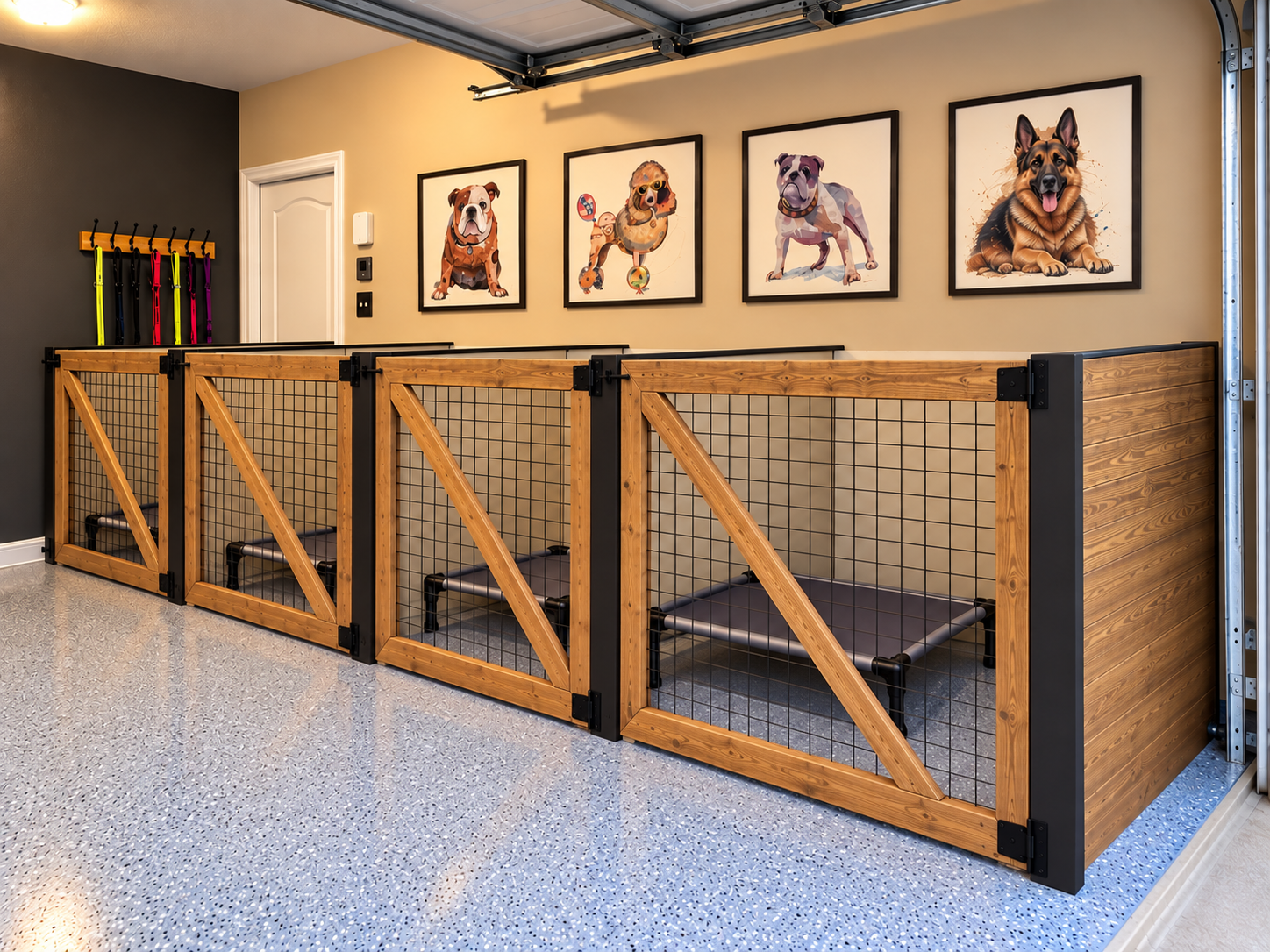 Small individual pet areas inside the Grand Pines boarding room