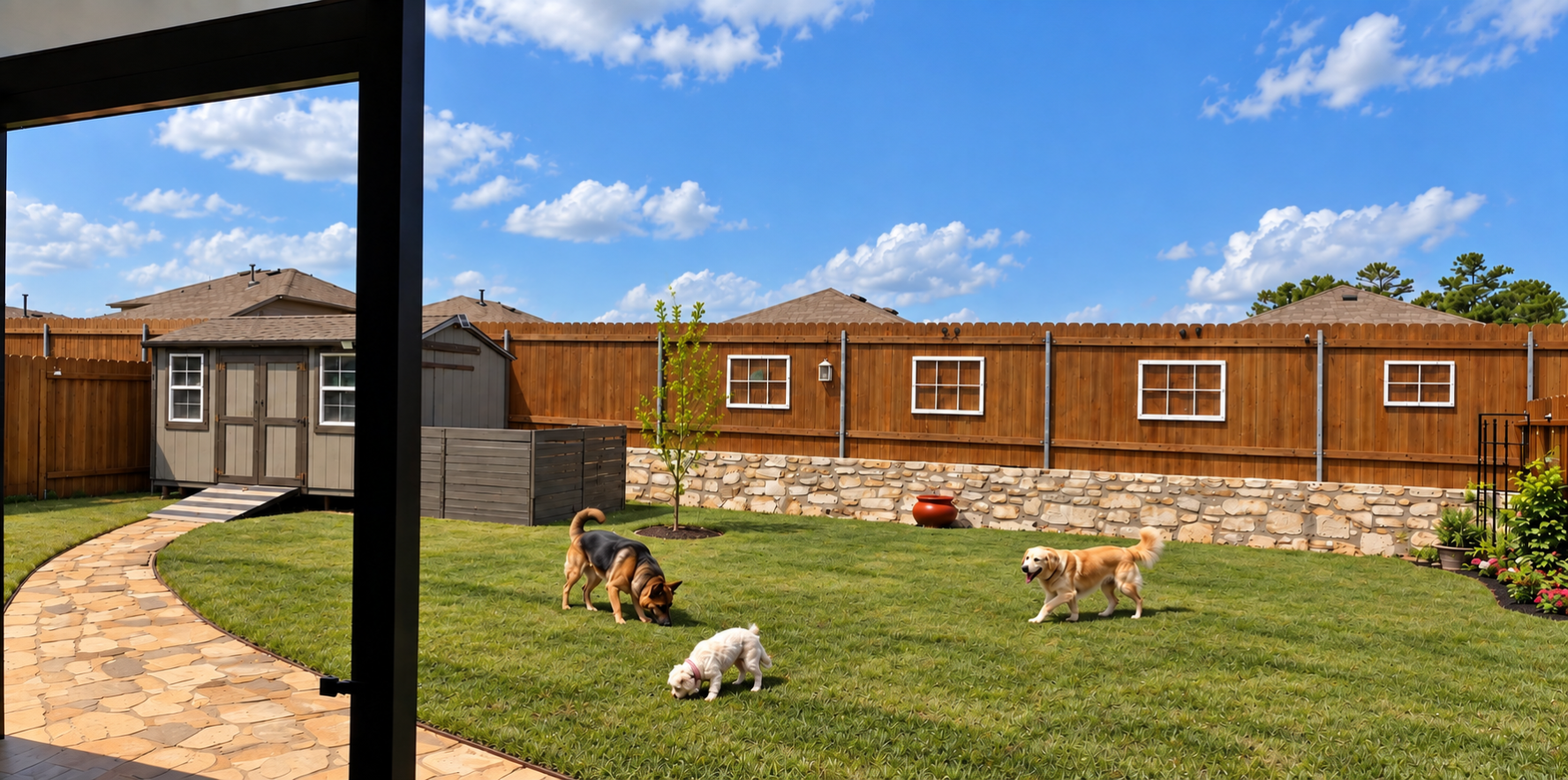 Dogs enjoying playtime in the fenced Grand Pines yard