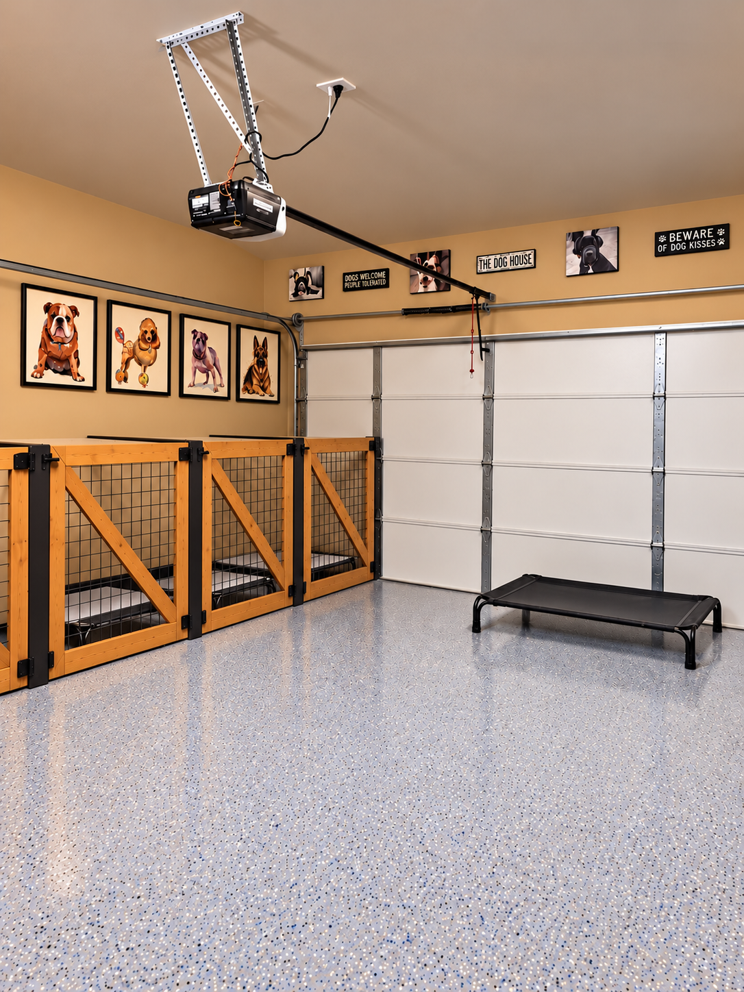 Clean spacious boarding area with pet portraits