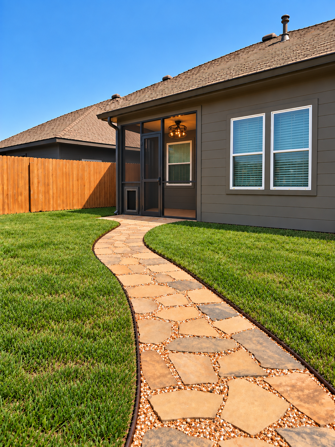 Stone walkway through the secure Grand Pines backyard