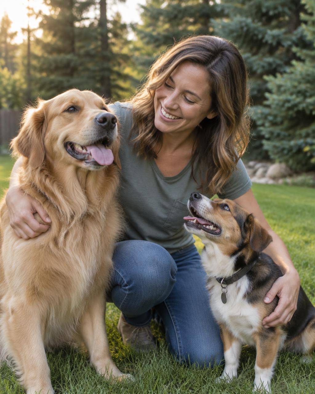 Samantha playing with two dogs in a sunny backyard